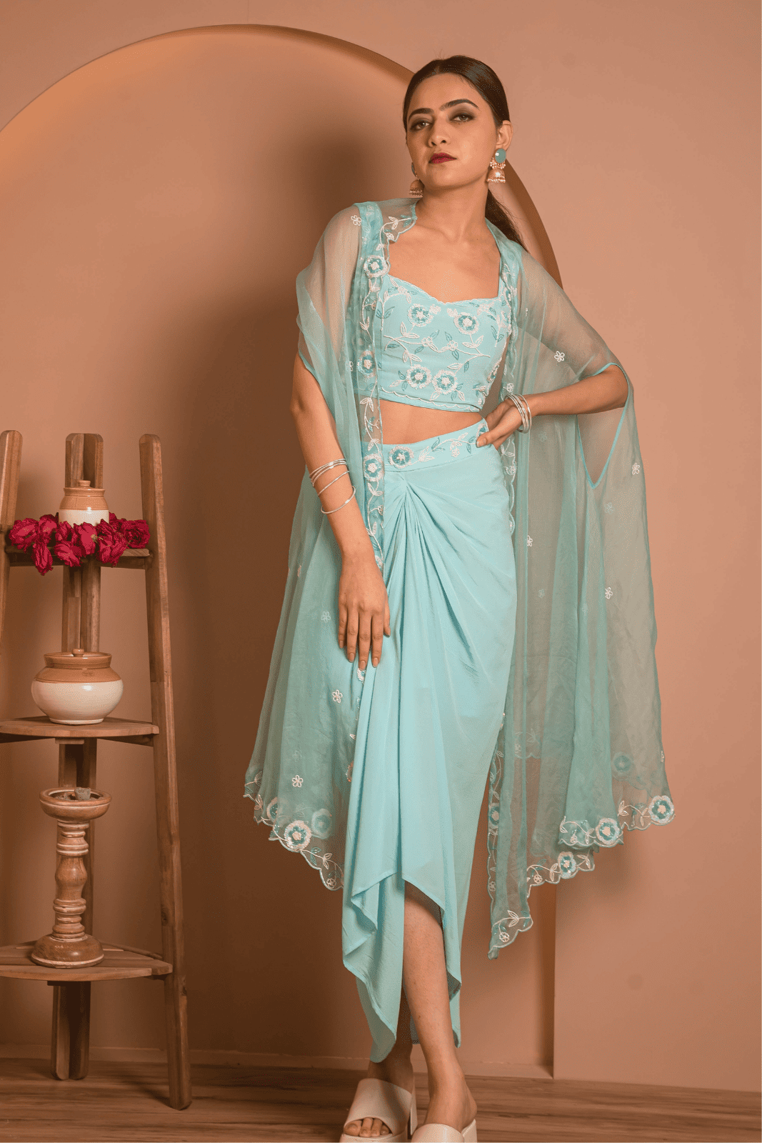 Aqua Bloom Draped Set with Embroidered Cape