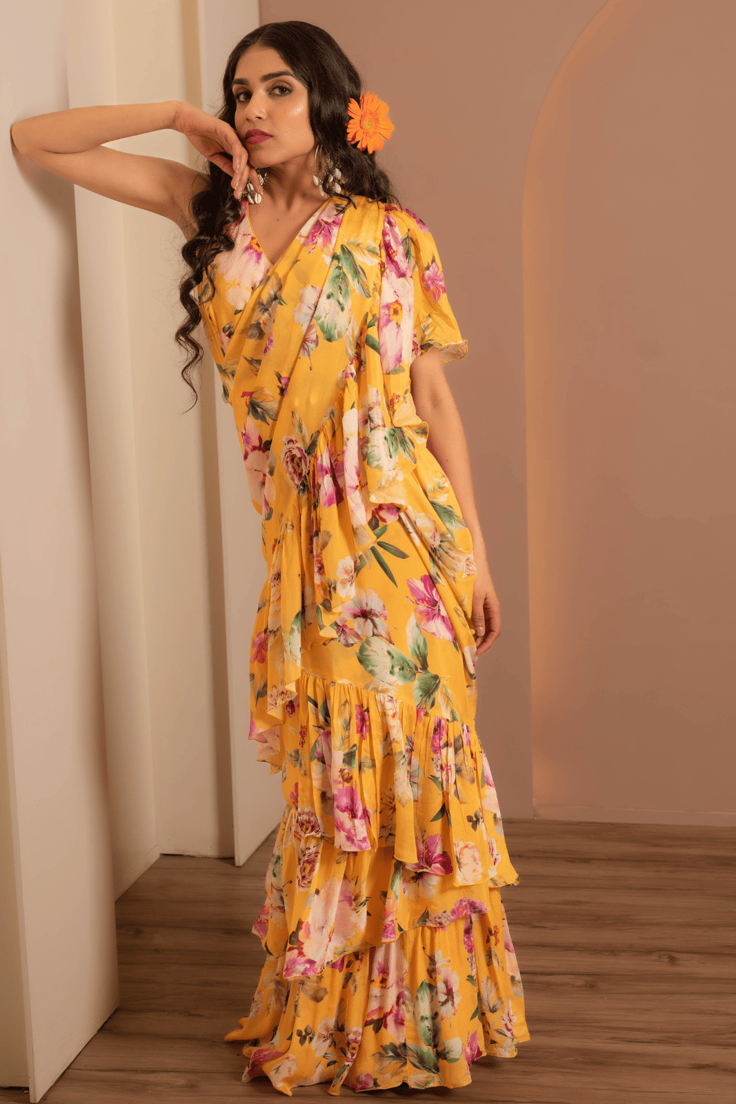 Sunkissed Floral Georgette Ruffle Saree
