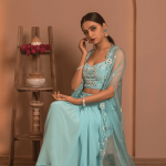 Aqua Bloom Draped Set with Embroidered Cape
