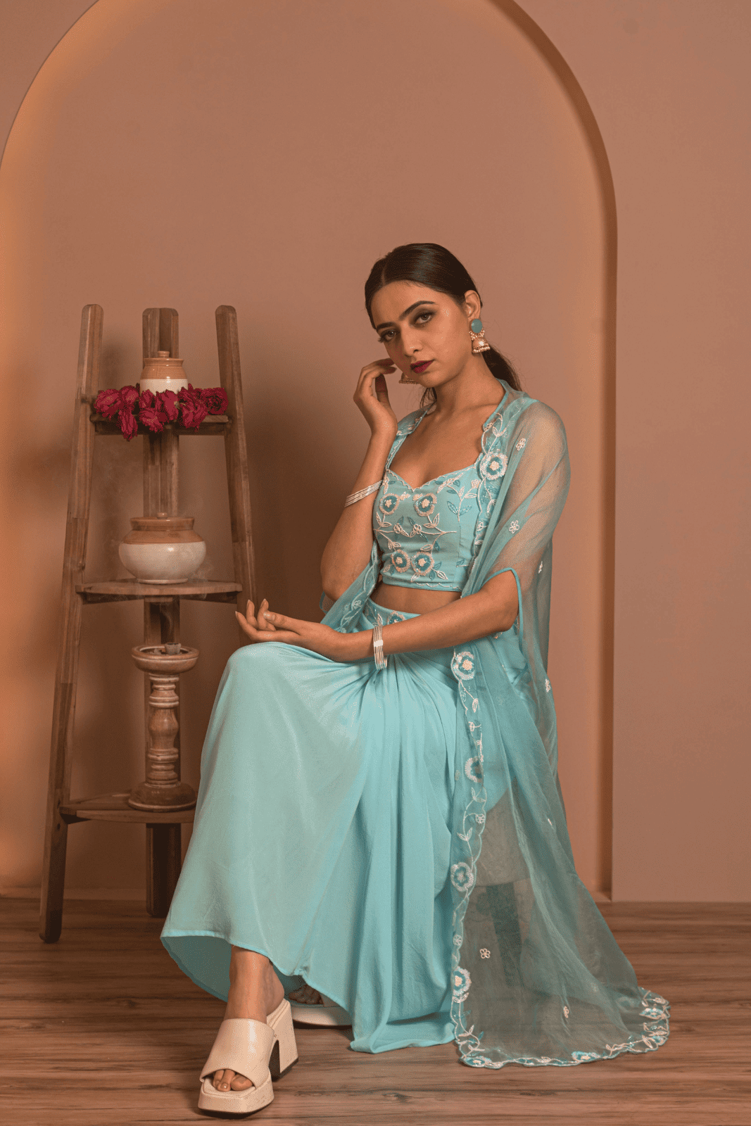 Aqua Bloom Draped Set with Embroidered Cape