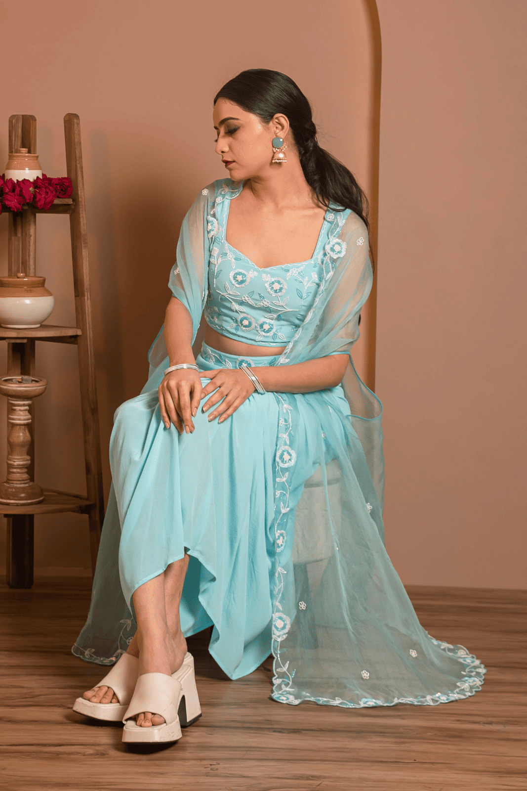 Aqua Bloom Draped Set with Embroidered Cape