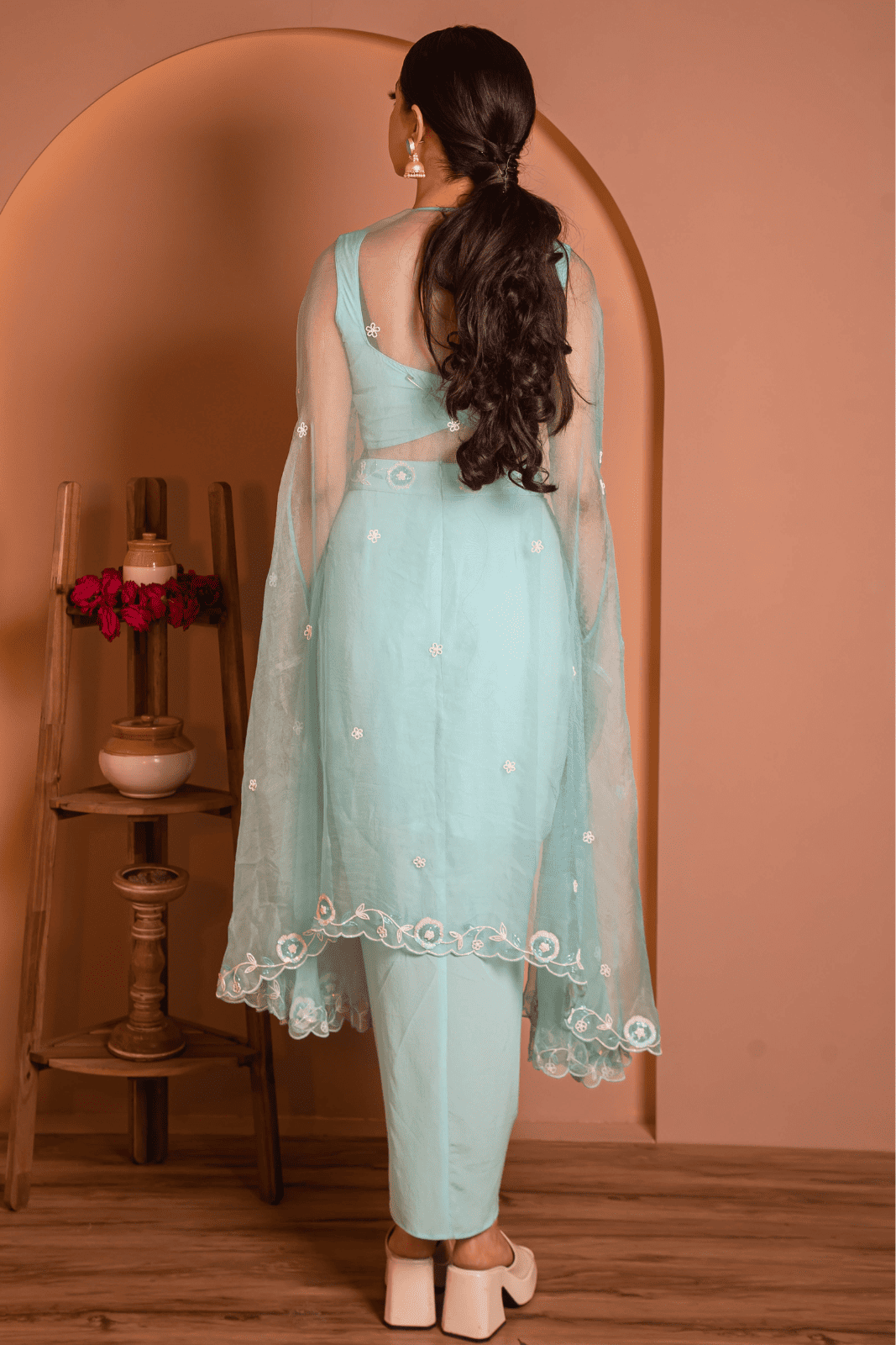 Aqua Bloom Draped Set with Embroidered Cape
