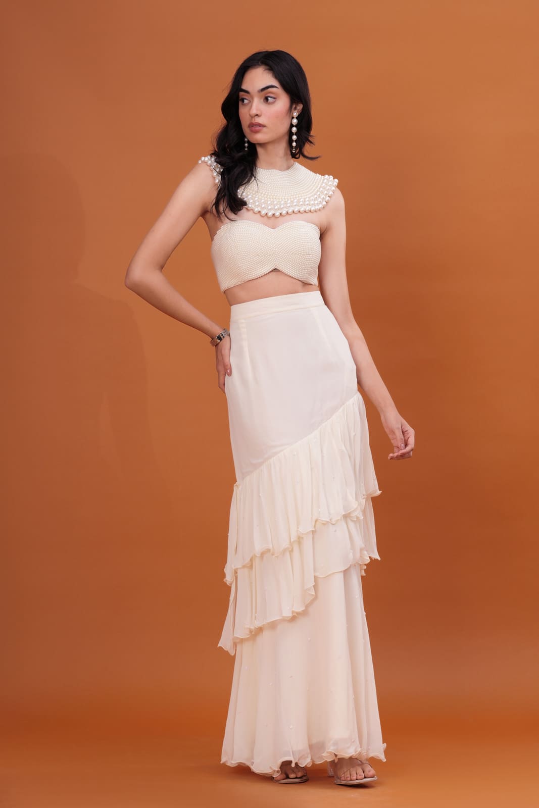 Ivory Ruffle Cascade Pre-Draped Saree with Pearl Blouse
