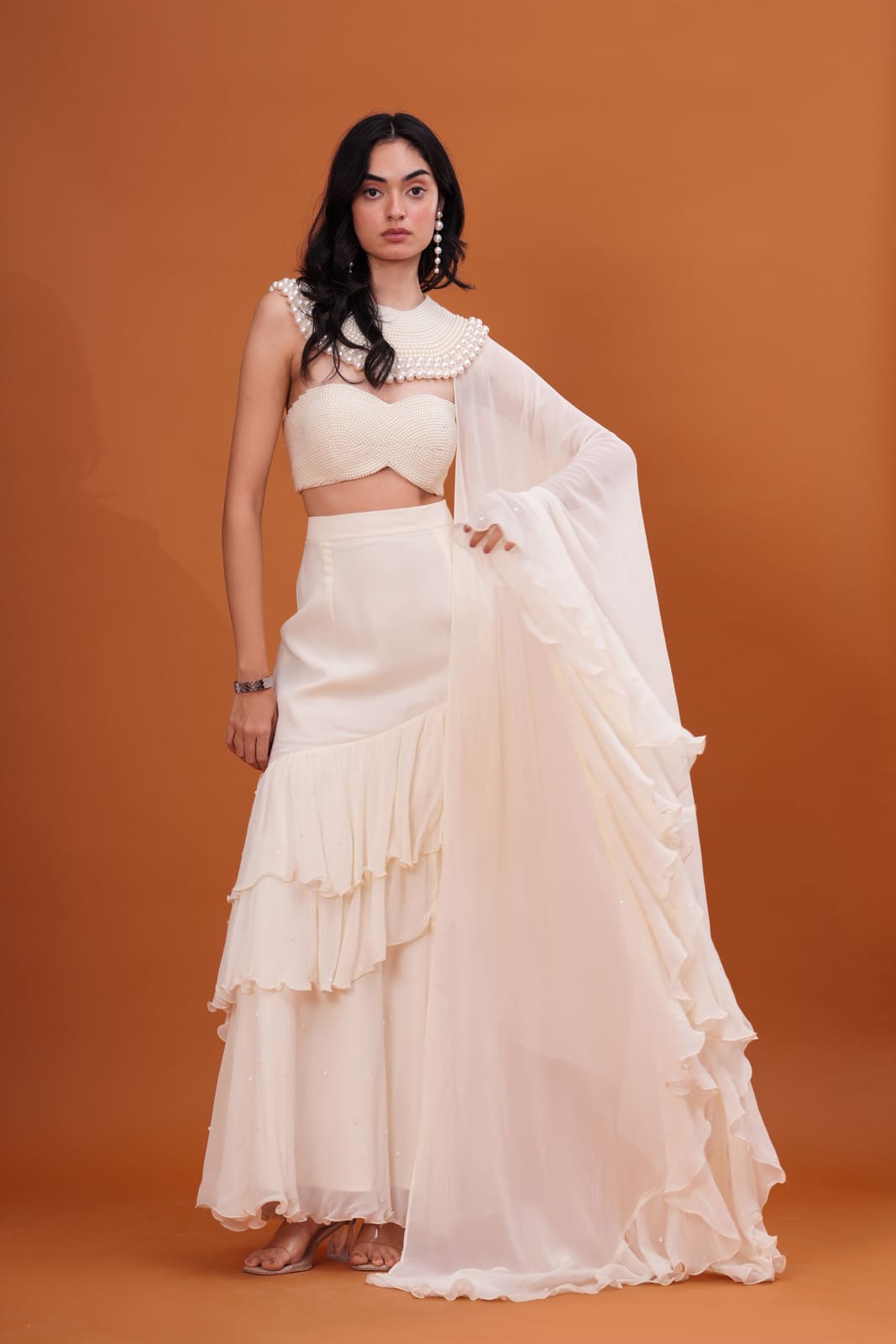 Ivory Ruffle Cascade Pre-Draped Saree with Pearl Blouse