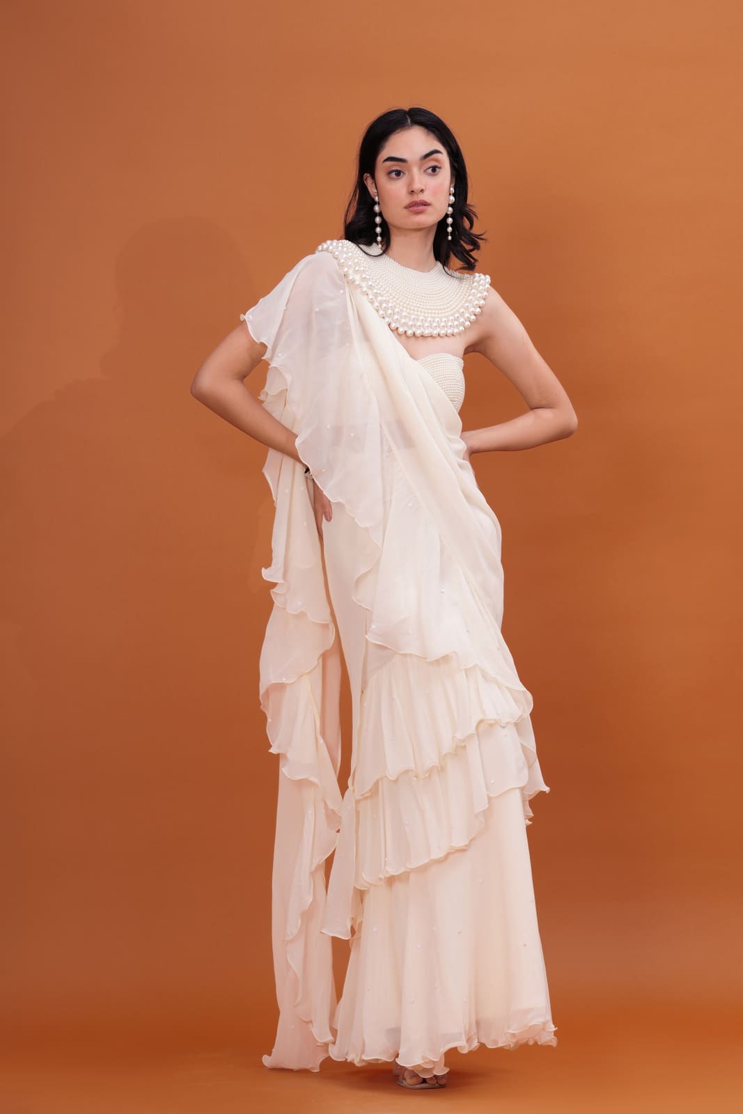 Ivory Ruffle Cascade Pre-Draped Saree with Pearl Blouse