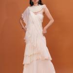 Ivory Ruffle Cascade Pre-Draped Saree with Pearl Blouse