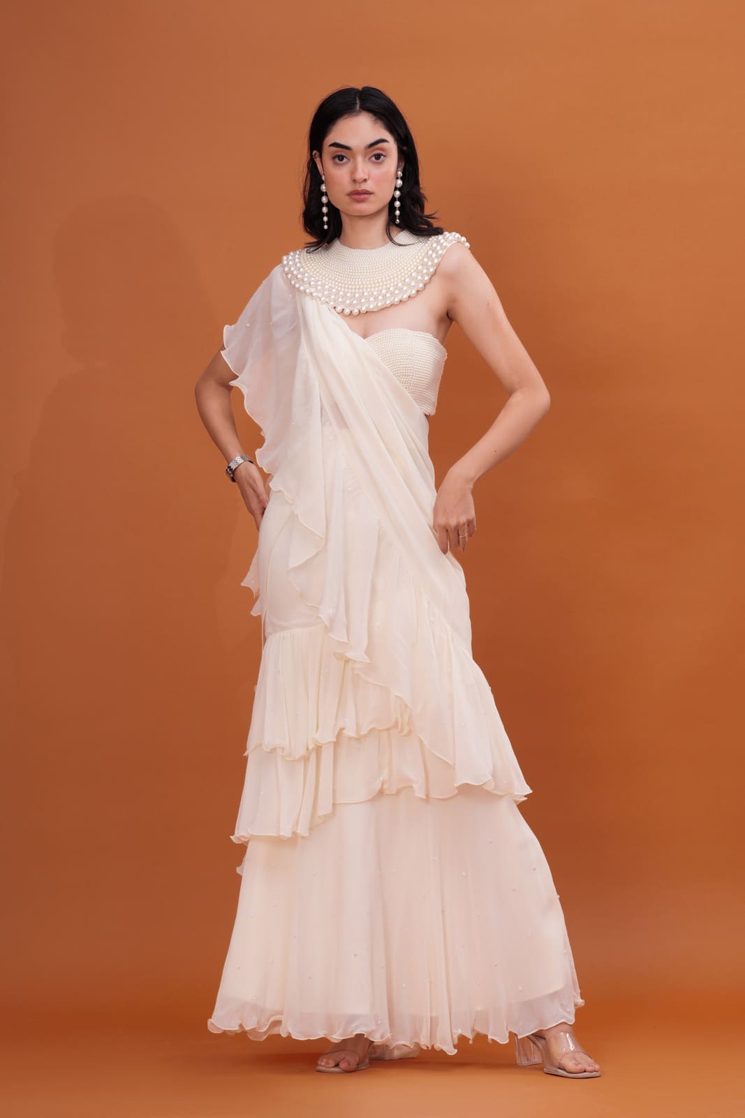 Ivory Ruffle Cascade Pre-Draped Saree with Pearl Blouse