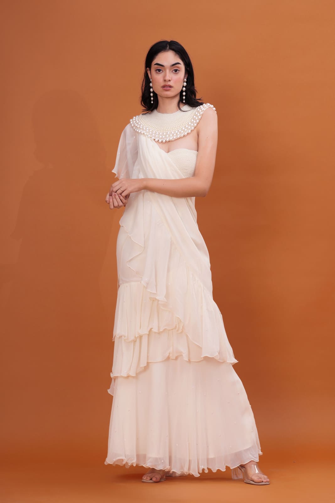Ivory Ruffle Cascade Pre-Draped Saree with Pearl Blouse