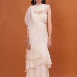 Ivory Ruffle Cascade Pre-Draped Saree with Pearl Blouse
