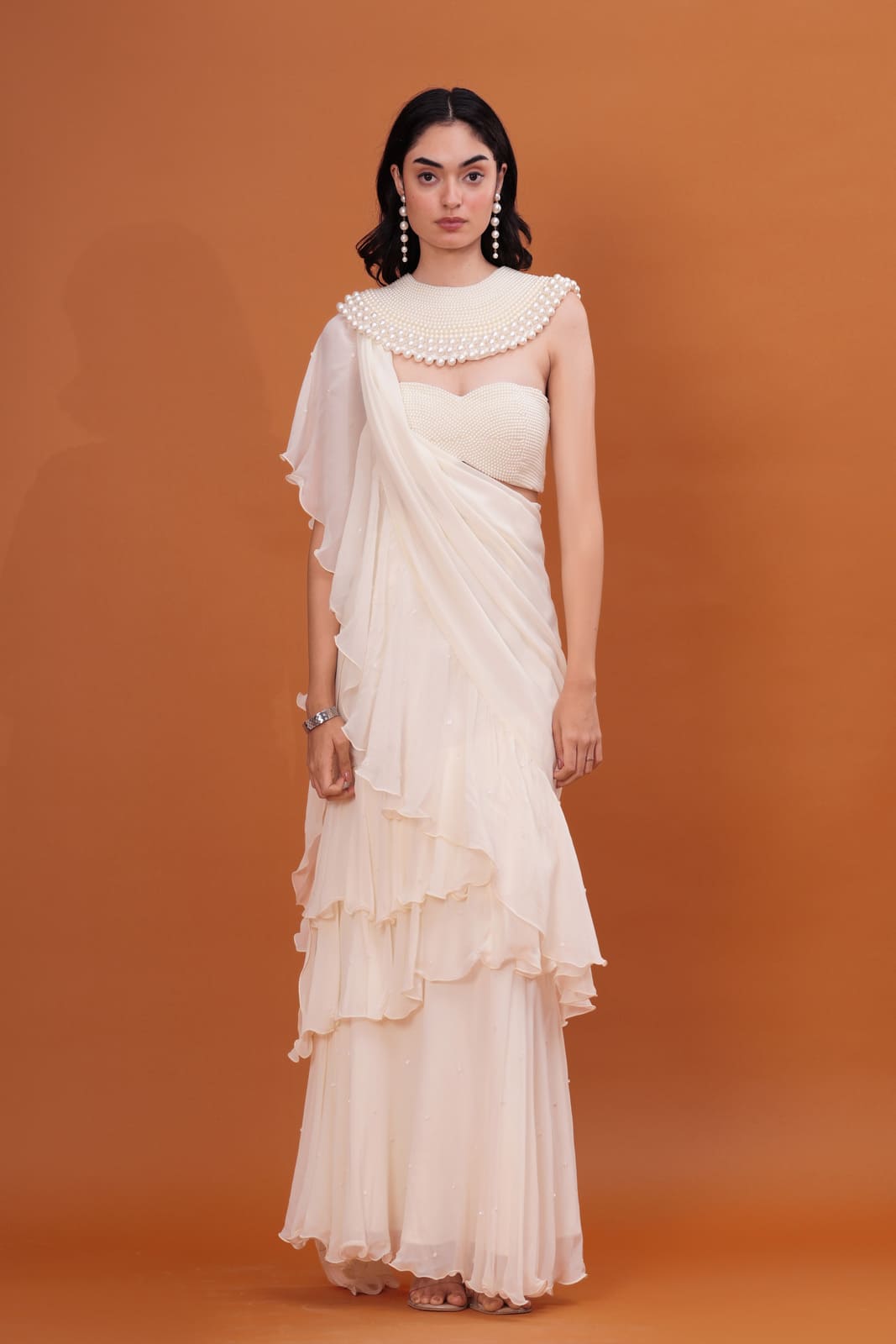 Ivory Ruffle Cascade Pre-Draped Saree with Pearl Blouse