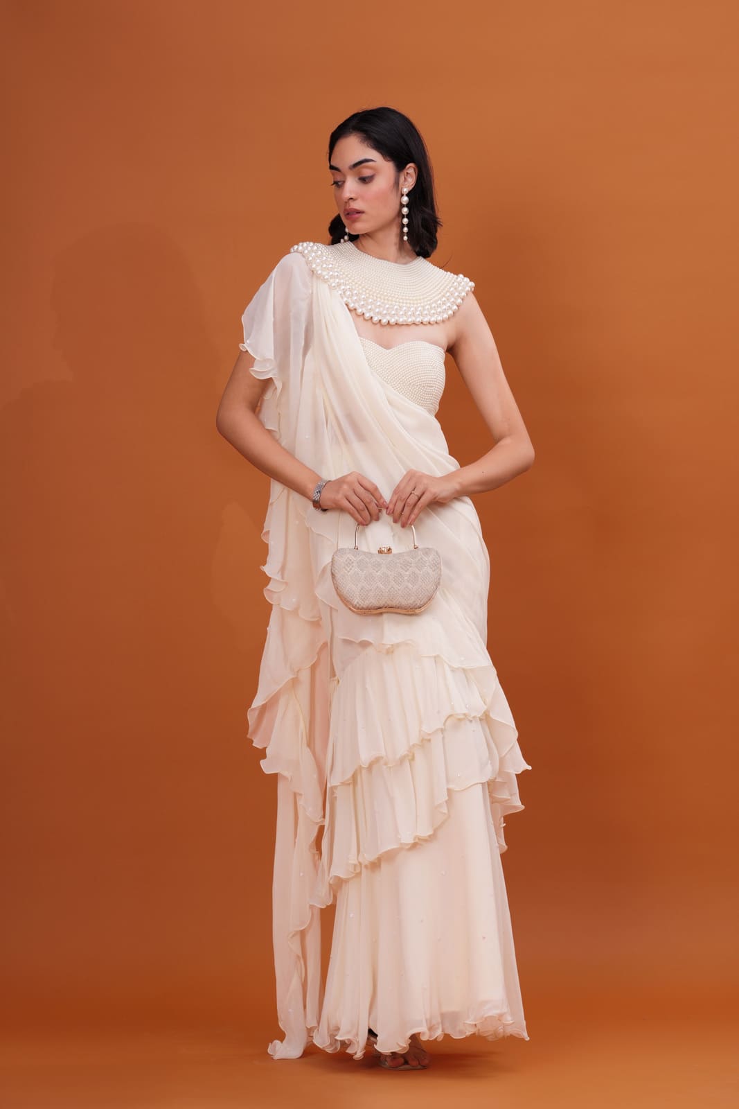 Ivory Ruffle Cascade Pre-Draped Saree with Pearl Blouse