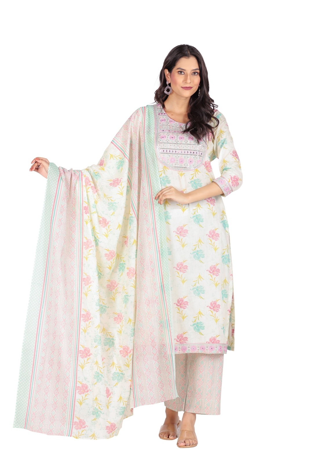 White Multicolor Floral Embroidered Kurta Set
