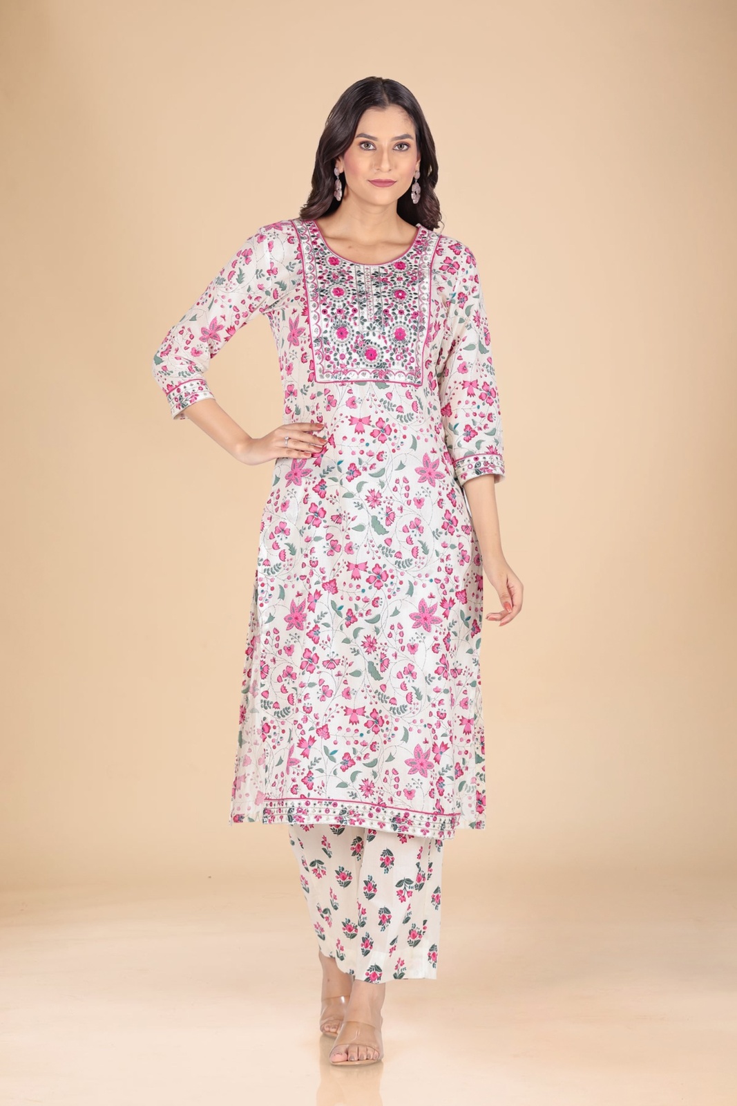 Pink Floral Embroidered Kurta Set