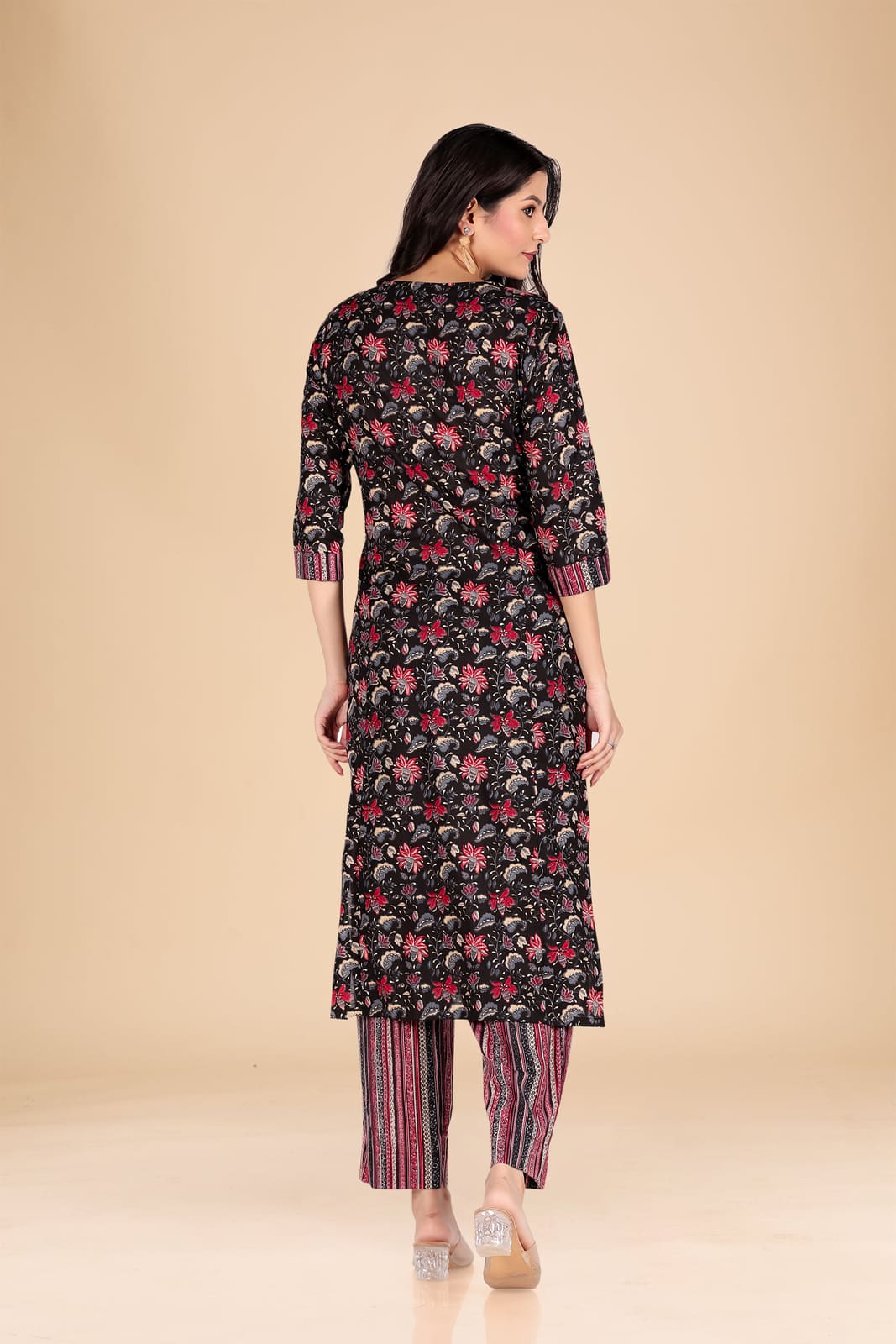 Black and Red Multicolor Floral Kurta Set
