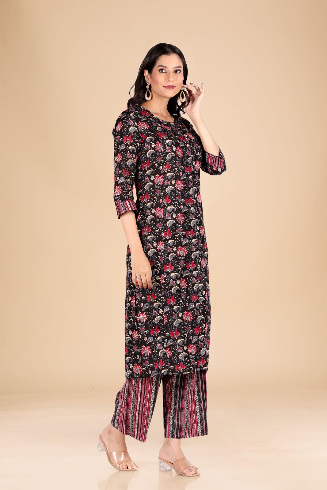 Black and Red Multicolor Floral Kurta Set