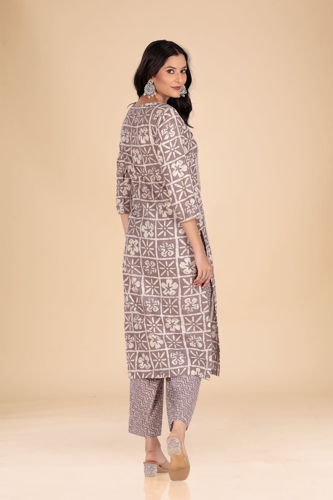 Light Brown Geometric Print Kurta Set