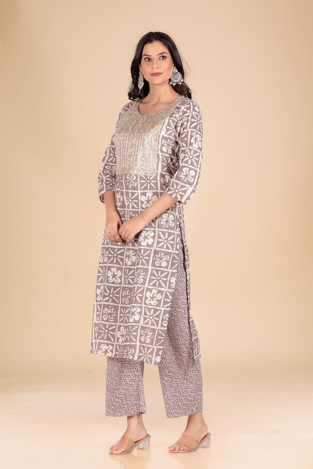 Light Brown Geometric Print Kurta Set