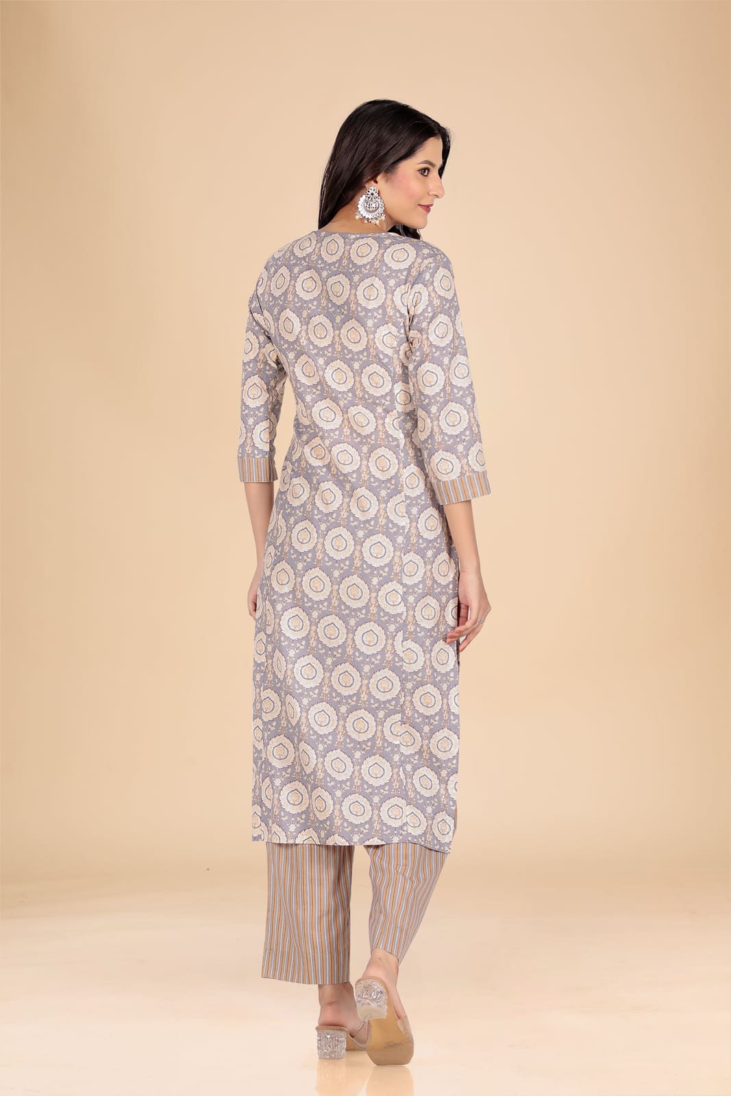 Grey and White Floral Kurta Set