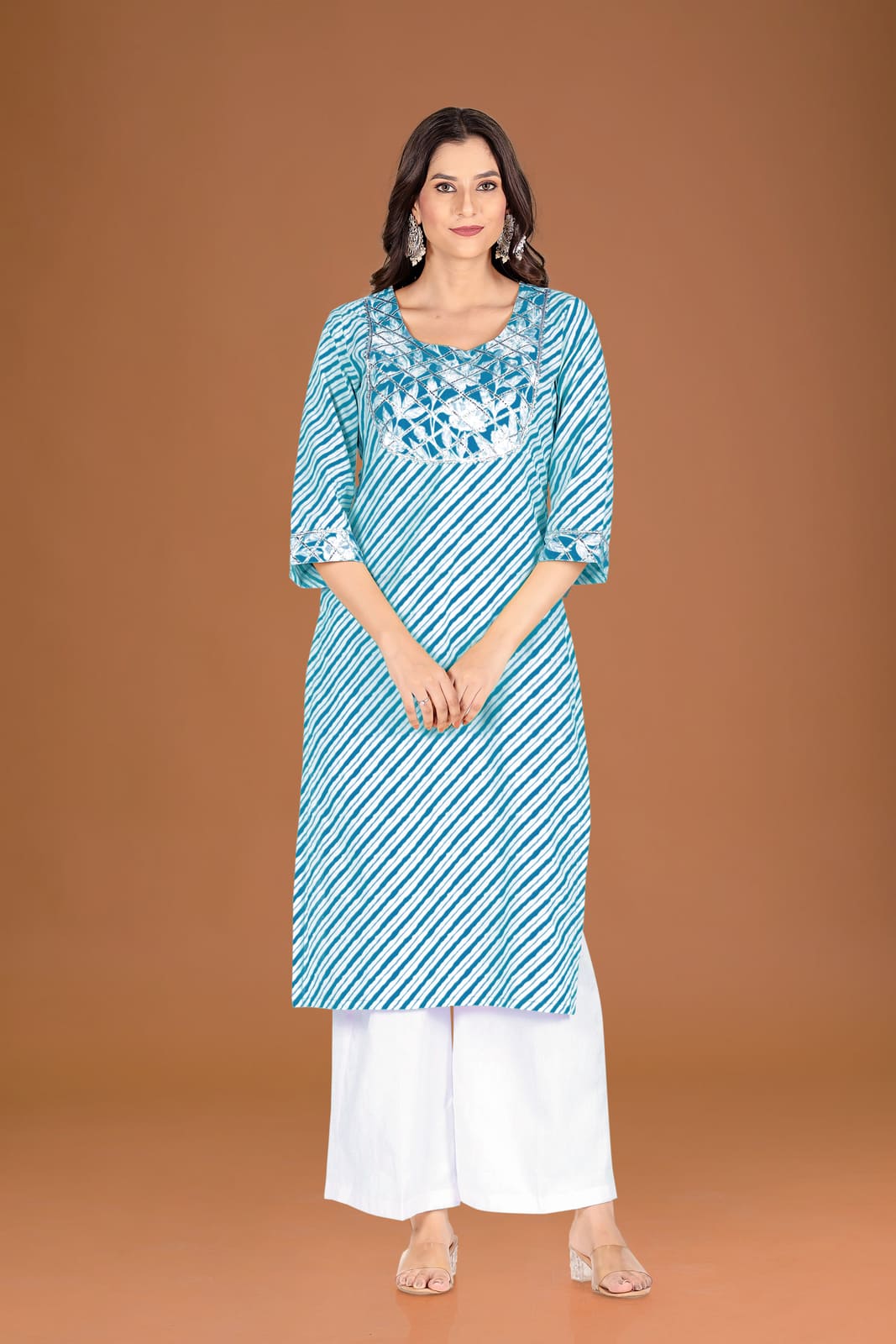 Blue White Leheriya Embroidered Kurta Set