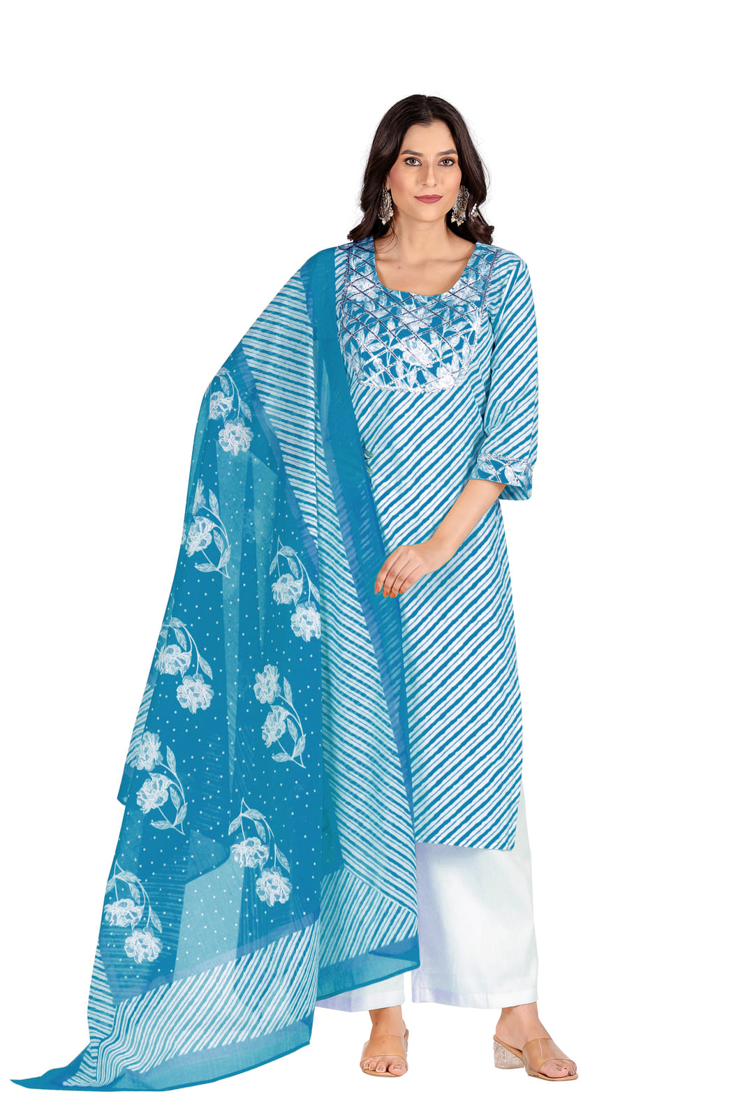 Blue White Leheriya Embroidered Kurta Set