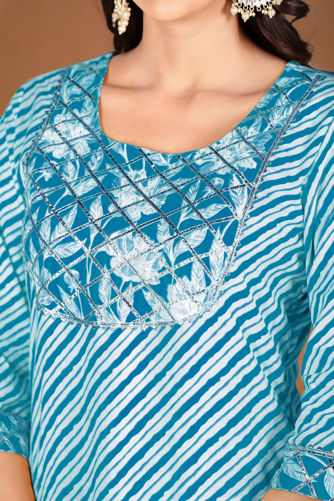 Blue White Leheriya Embroidered Kurta Set