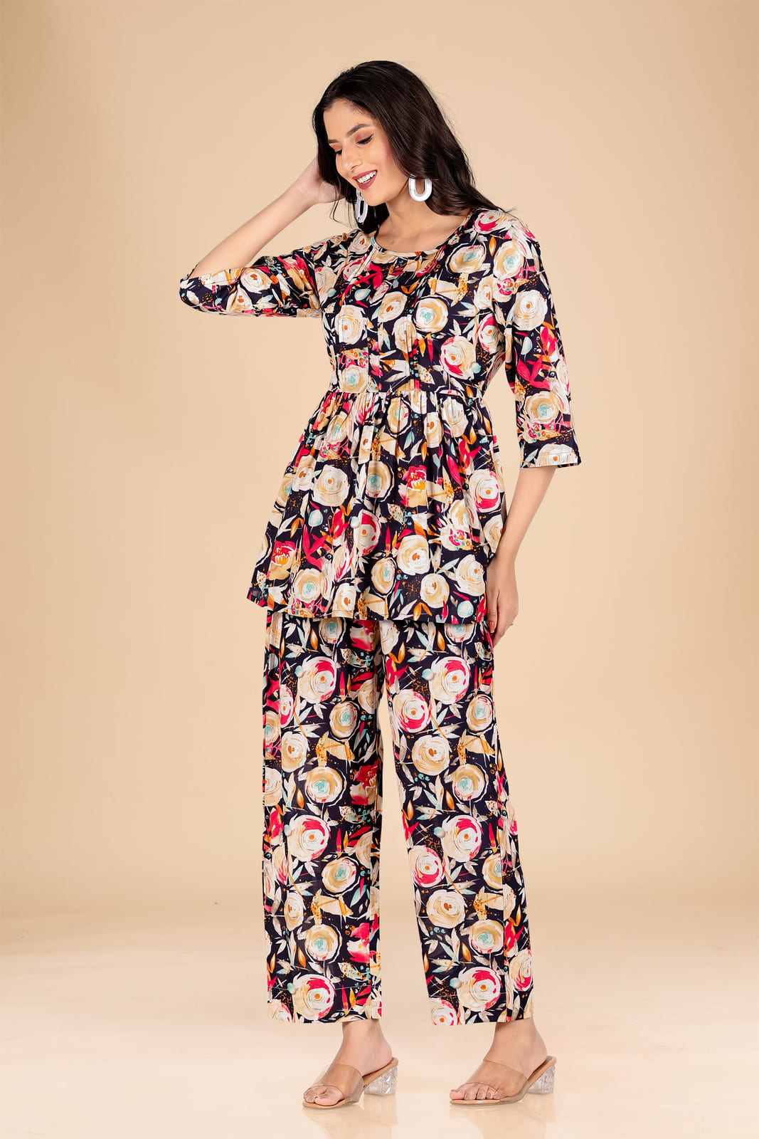 Dark Blue Multicolor Floral Co-ord Set