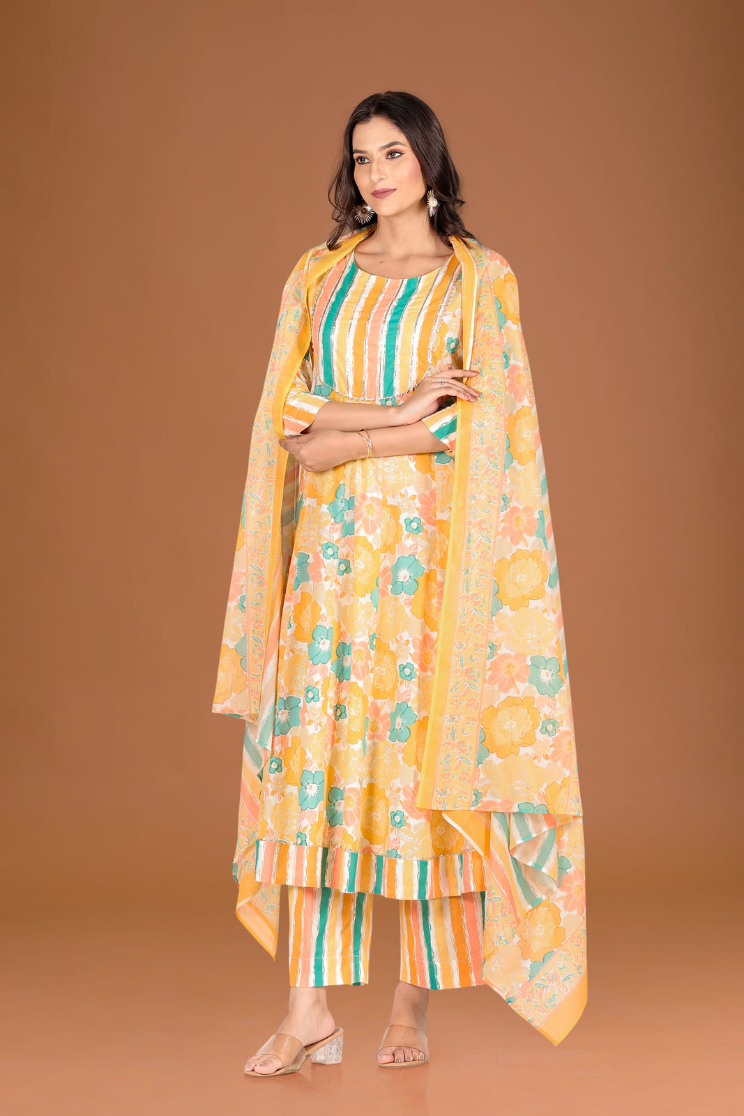 Yellow Floral Anarkali Kurta Set