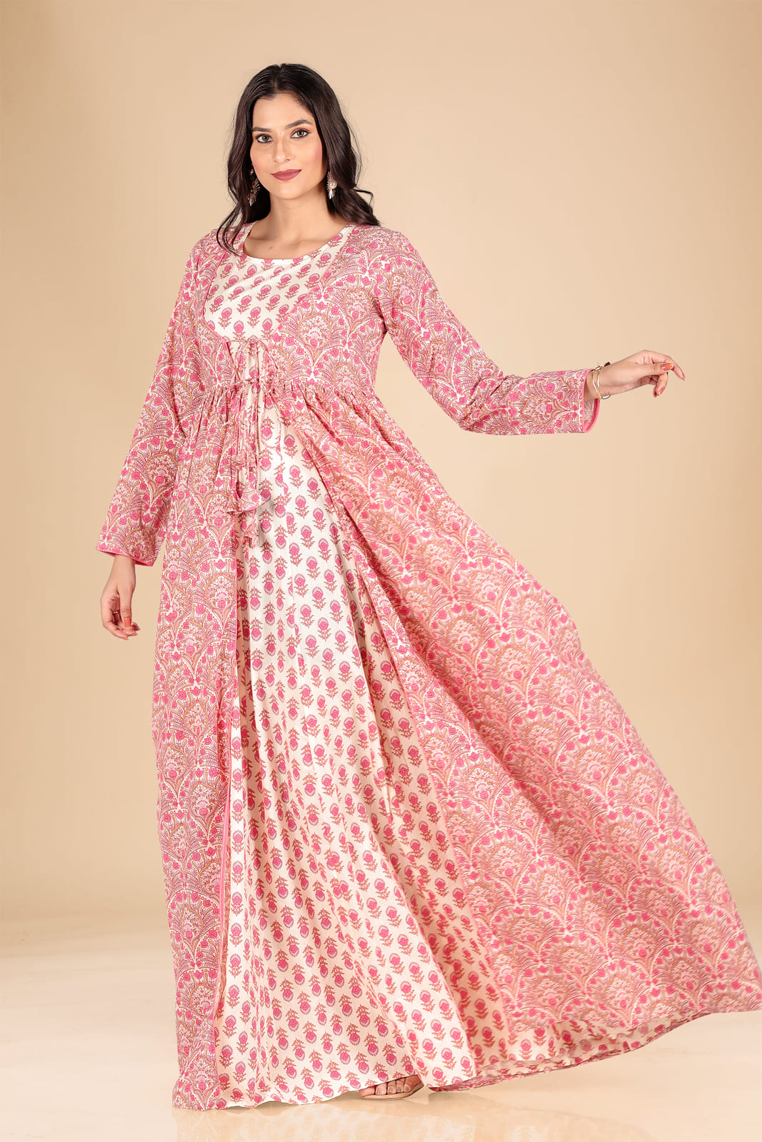 Ethnic Floral Maxi Dress with Tie-Up Shrug