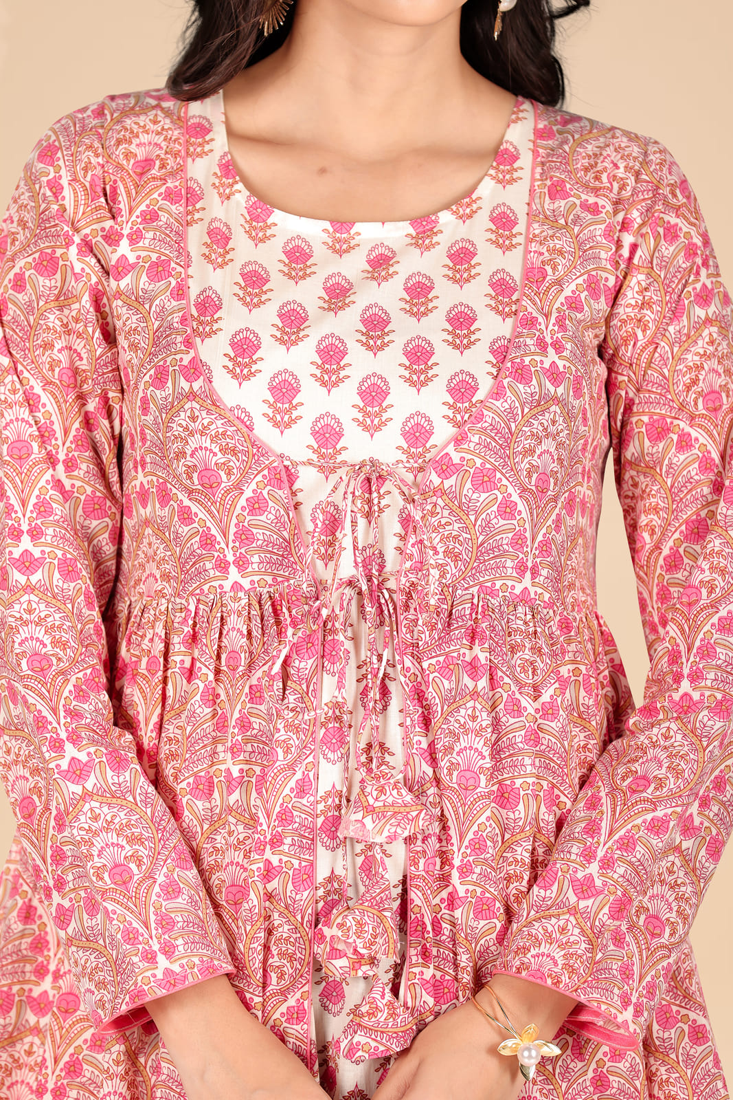 Ethnic Floral Maxi Dress with Tie-Up Shrug