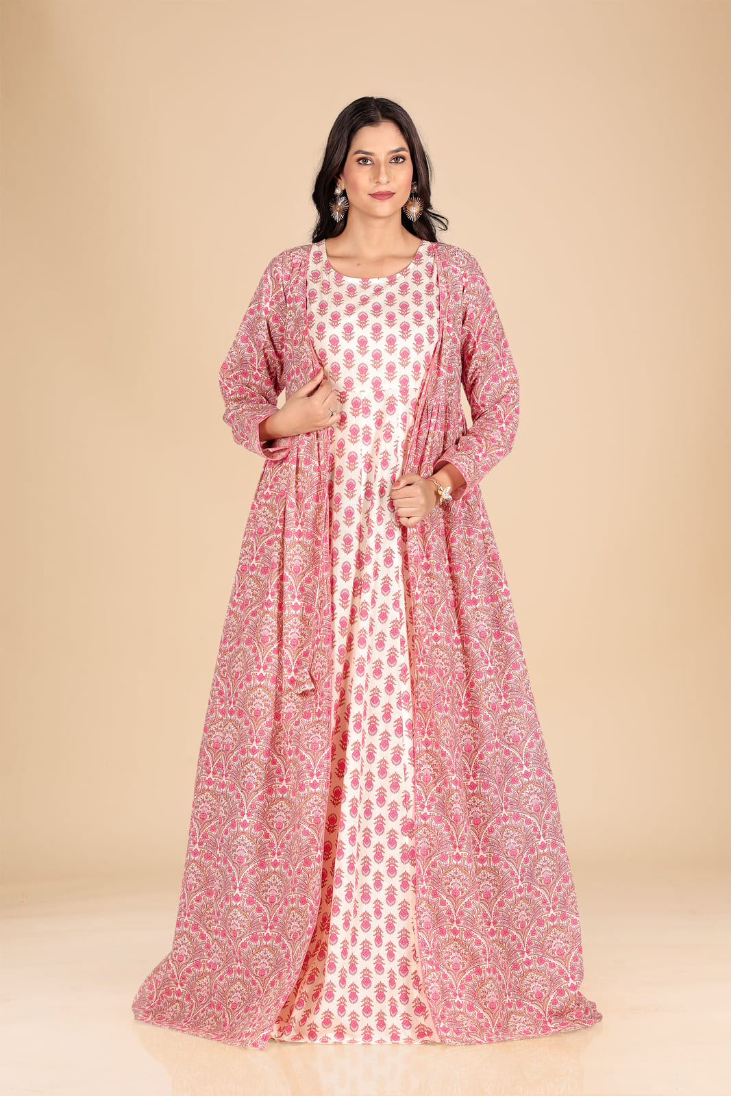 Ethnic Floral Maxi Dress with Tie-Up Shrug
