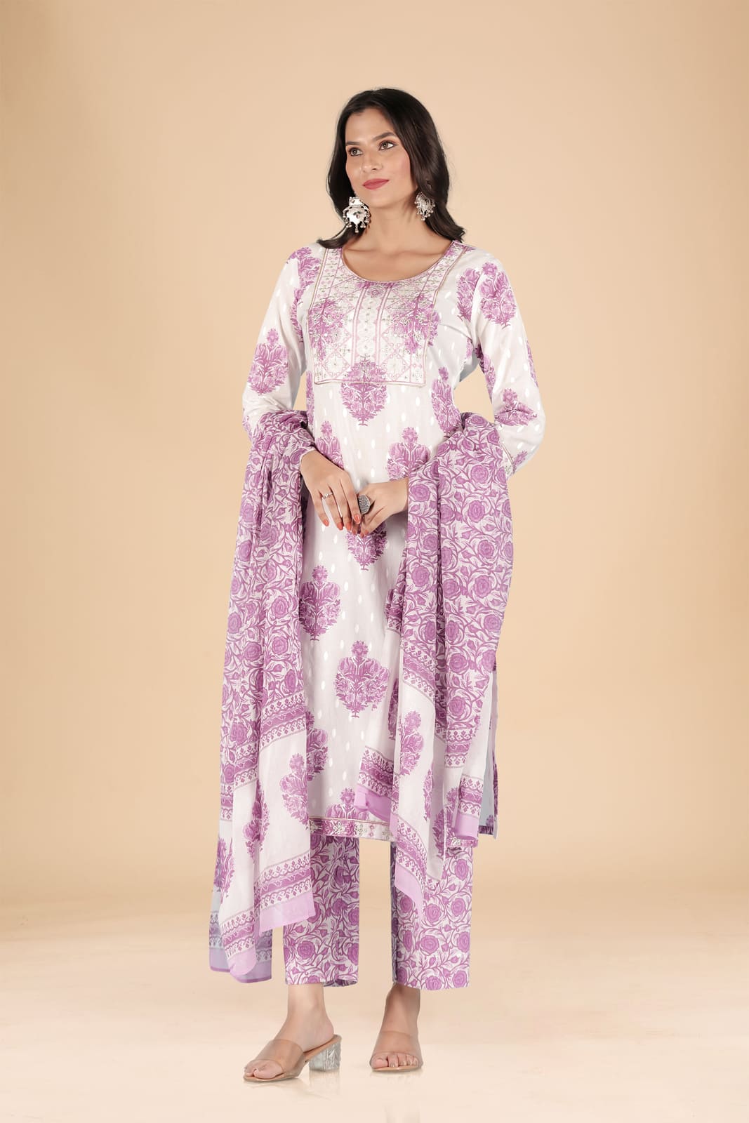 White Lavender Floral Embroidered Kurta Set