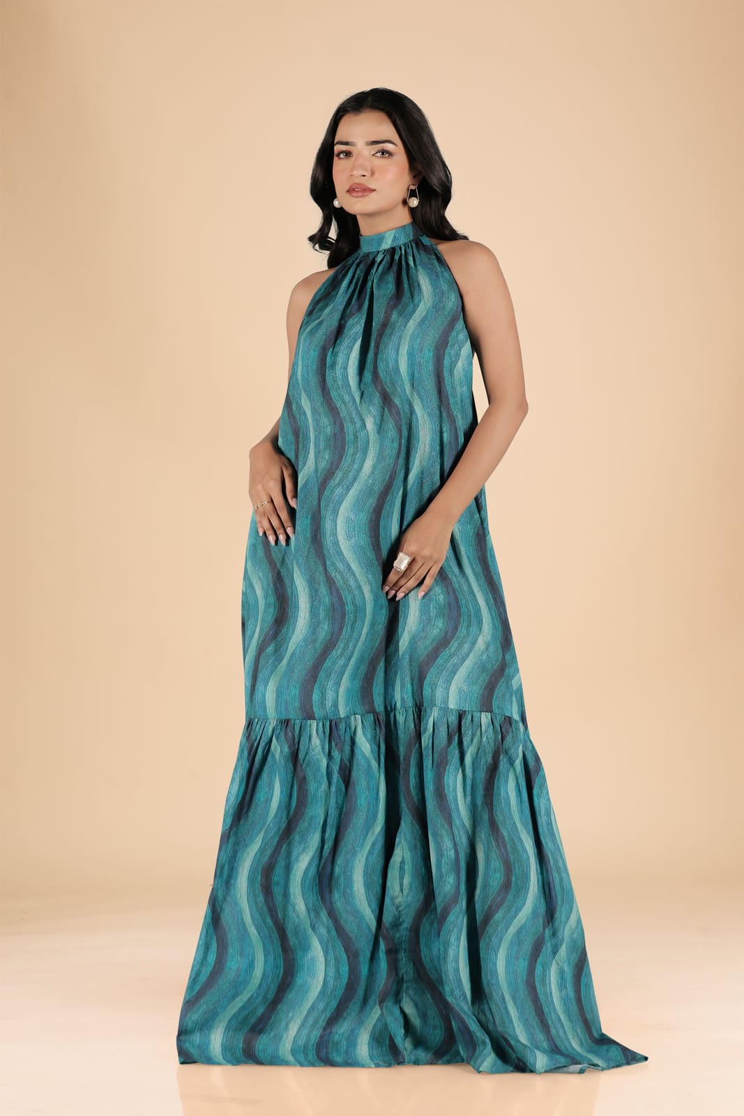 Teal Waves Backless Gown