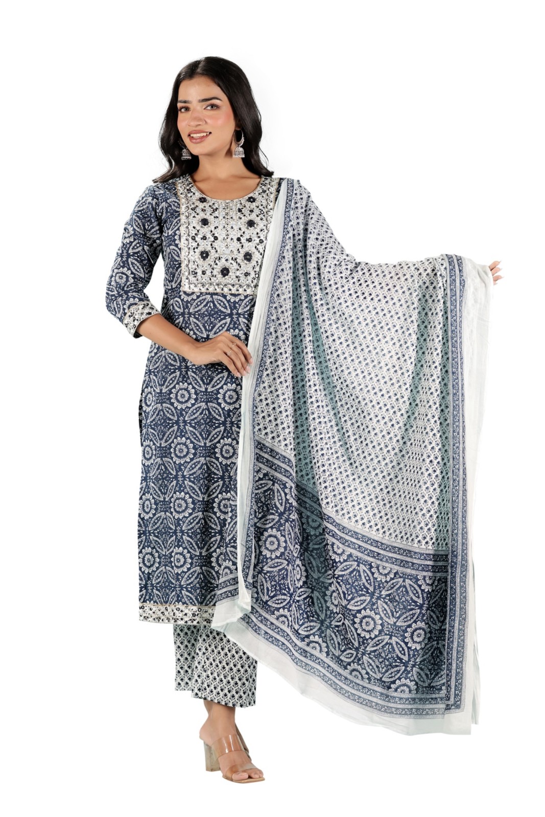 Indigo Floral Embroidered Kurta Set