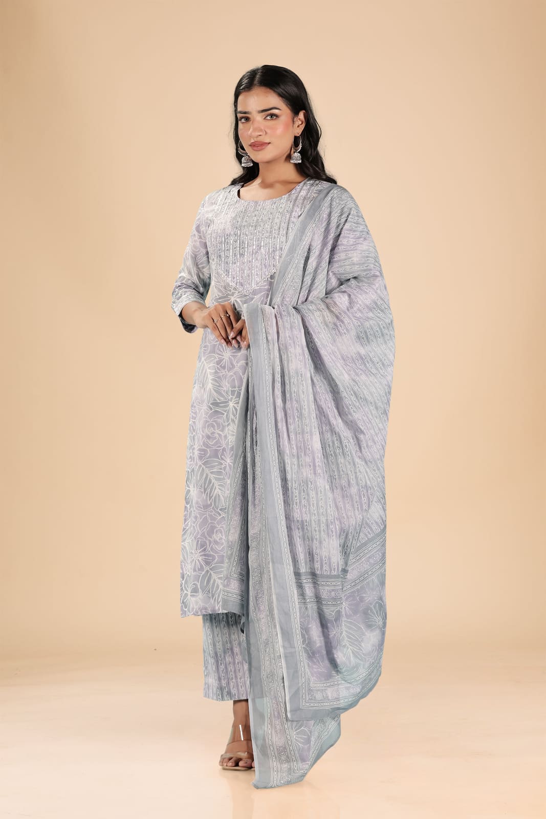 Grey Floral Kurta Set