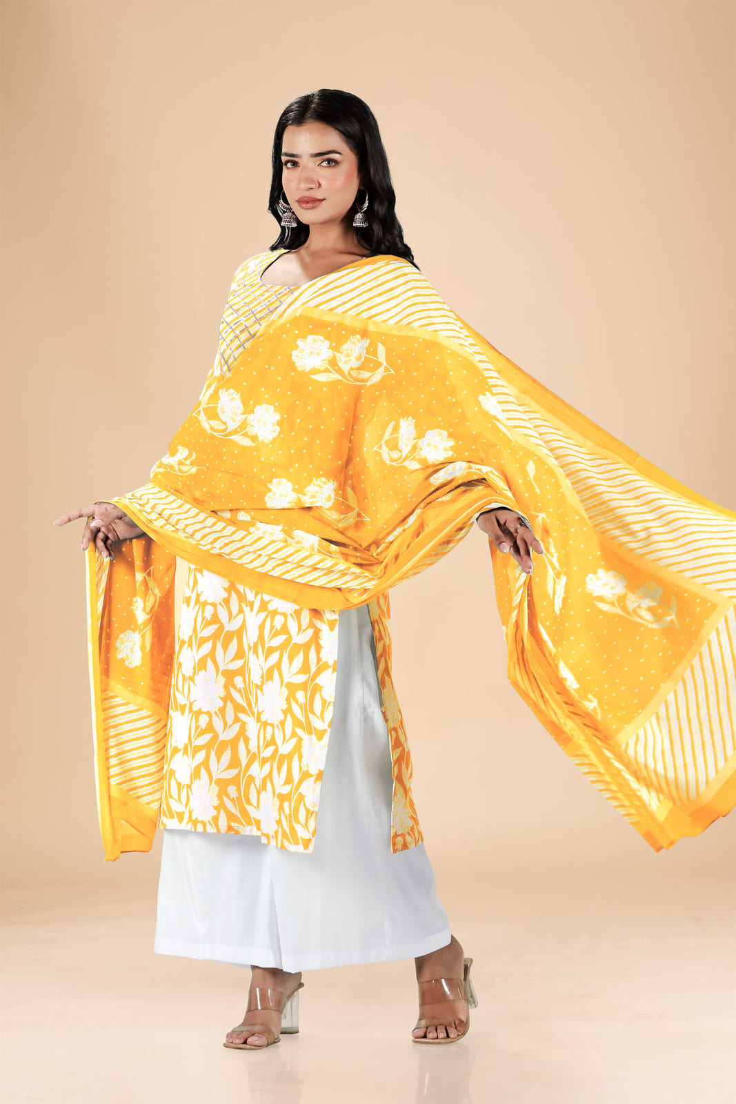 Yellow White Floral Embroidered Kurta Set
