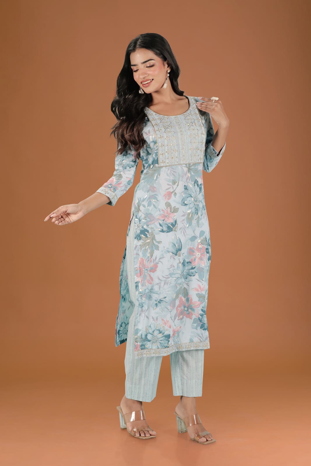 Pastel Blue Floral Embroidered Kurta Set