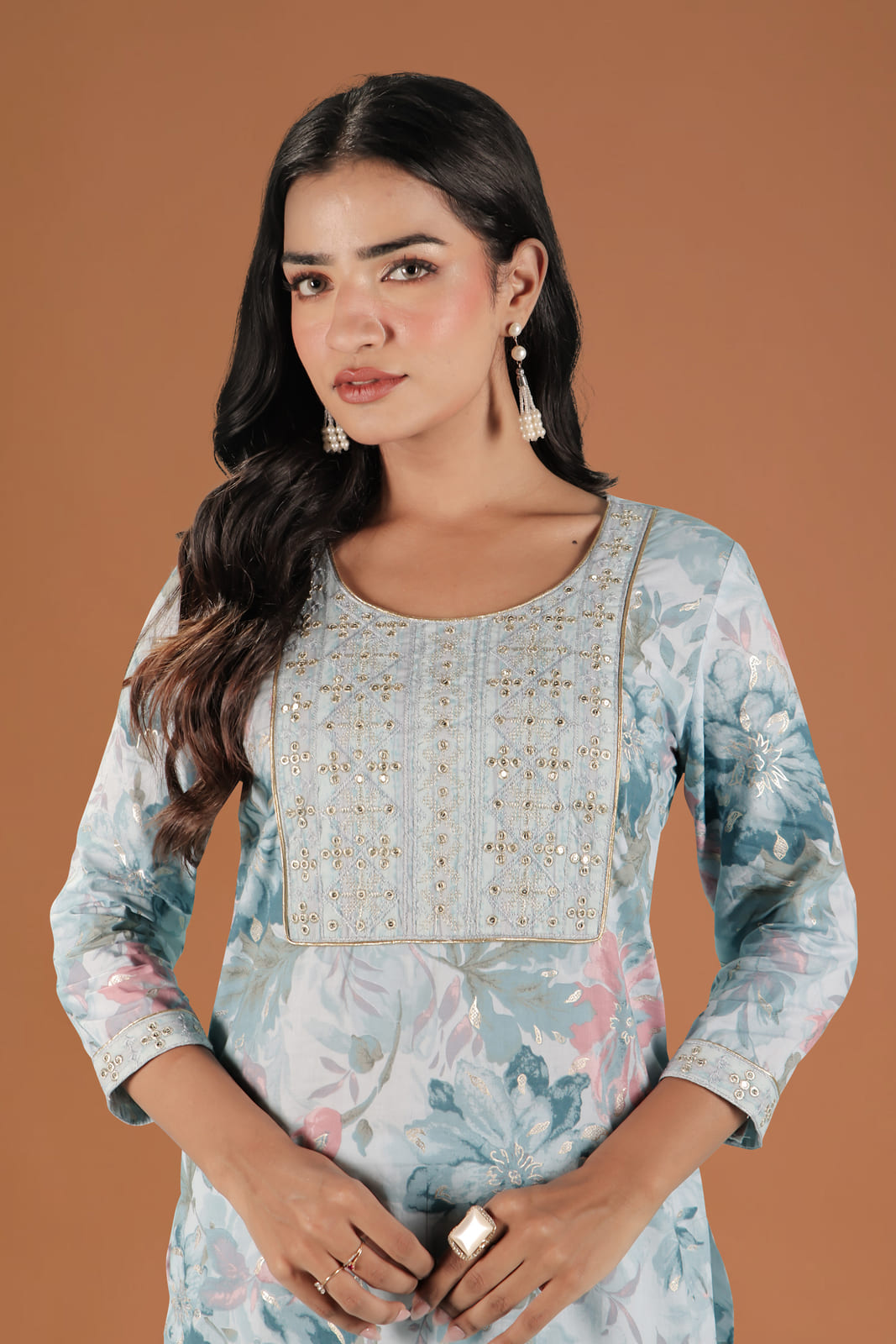 Pastel Blue Floral Embroidered Kurta Set
