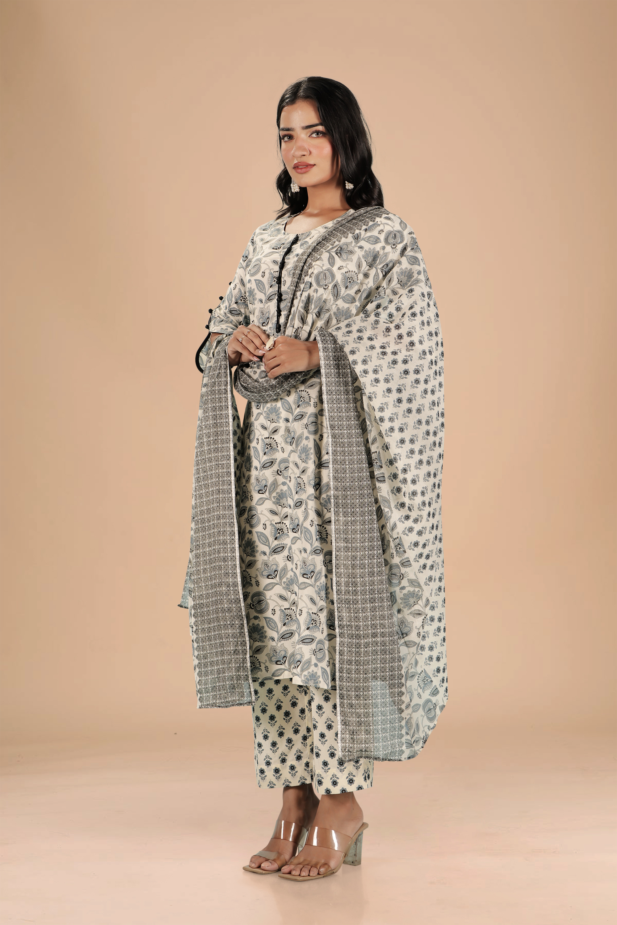 White and Black Floral Kurta Set