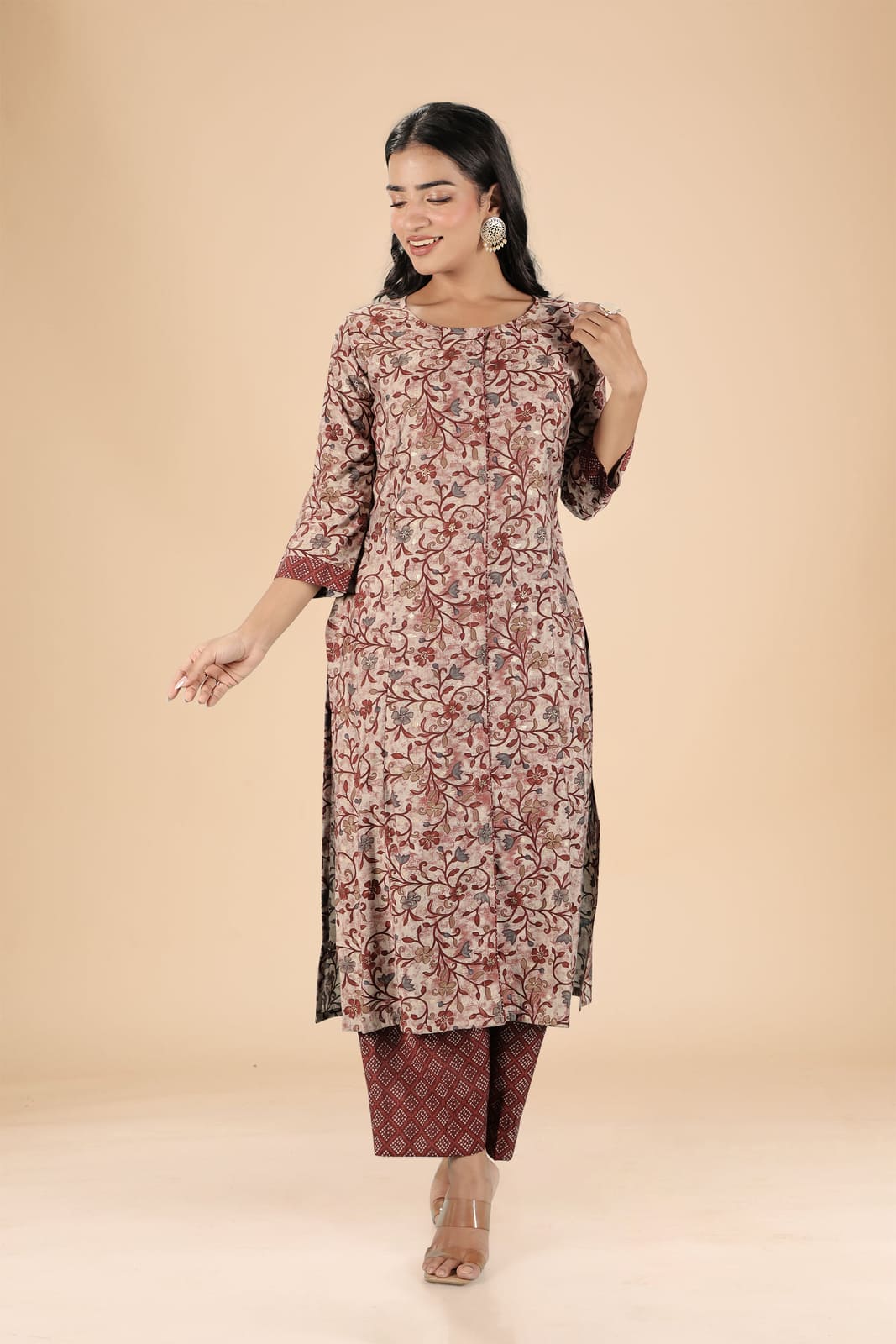 Dark Brown and Maroon Floral Kurta Set