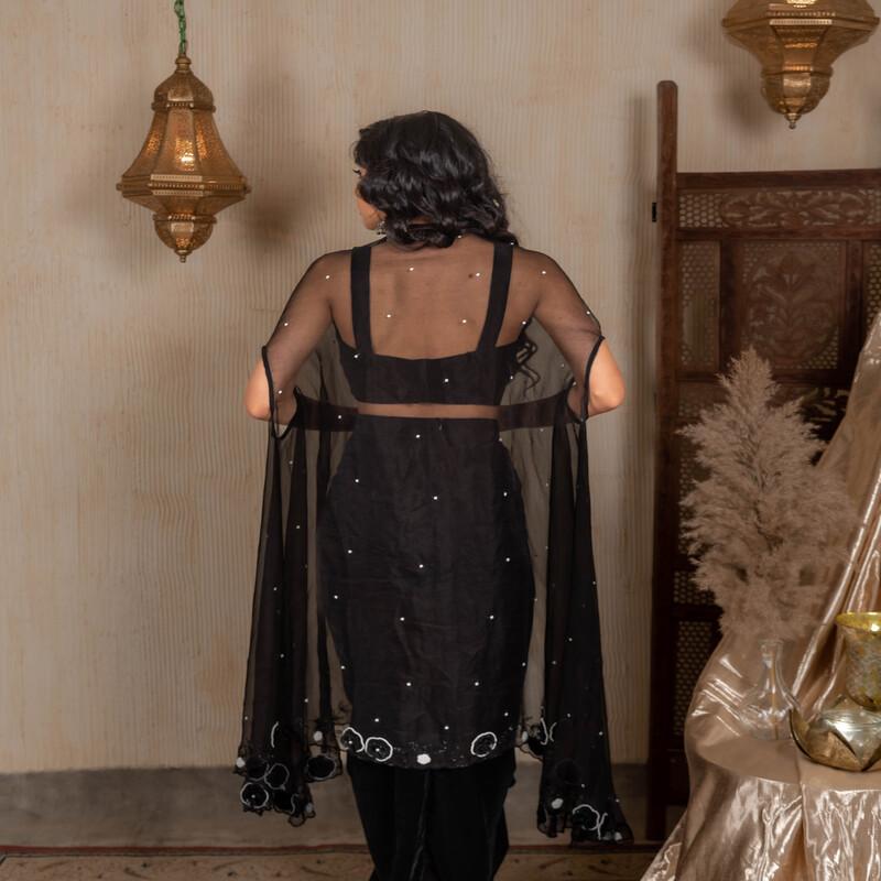 Black Pure Hand Embroidered 3D Shrug with Velvet Tube and Drape Skirt Set hover