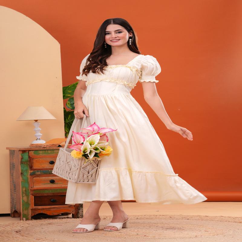 Off-White Puff Sleeves Corset Flare Dress