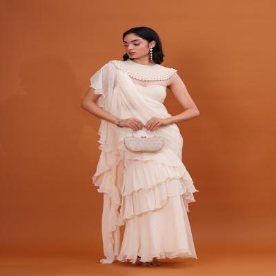 Ivory Ruffle Saree with Heavy Pearl Embroidery