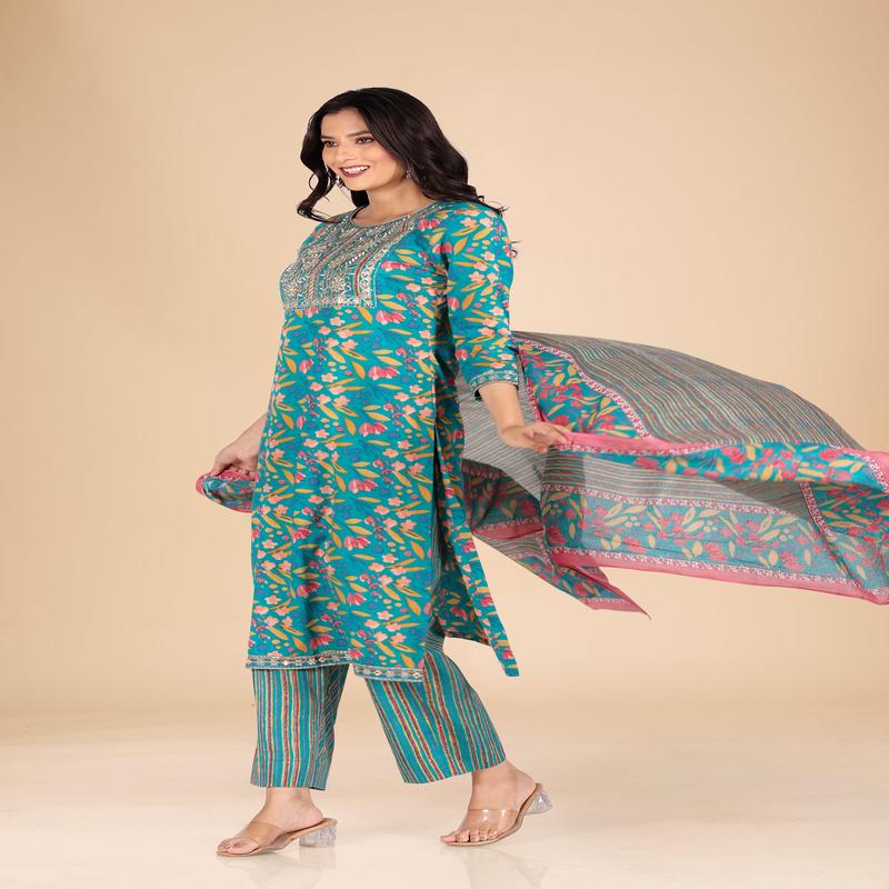 Teal Multi Color Floral Embroidered 3 Pc Suit Set hover
