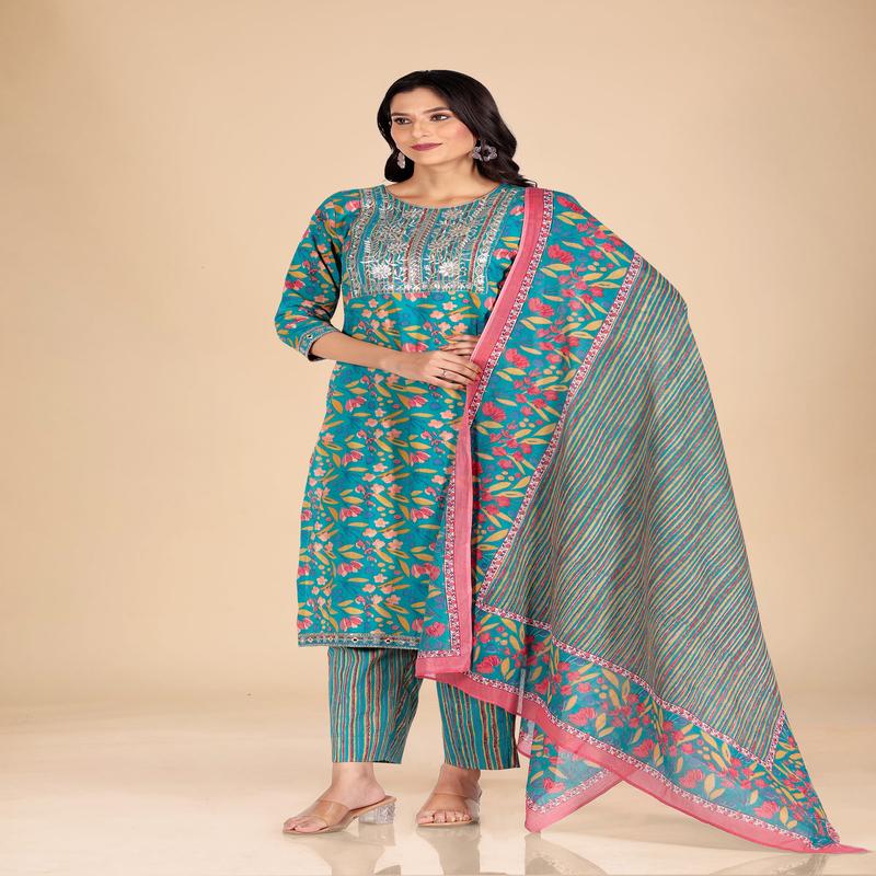 Teal Multi Color Floral Embroidered 3 Pc Suit Set
