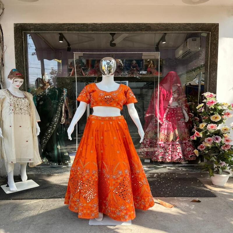 Orange Raw Silk Bridal Lehenga Set hover