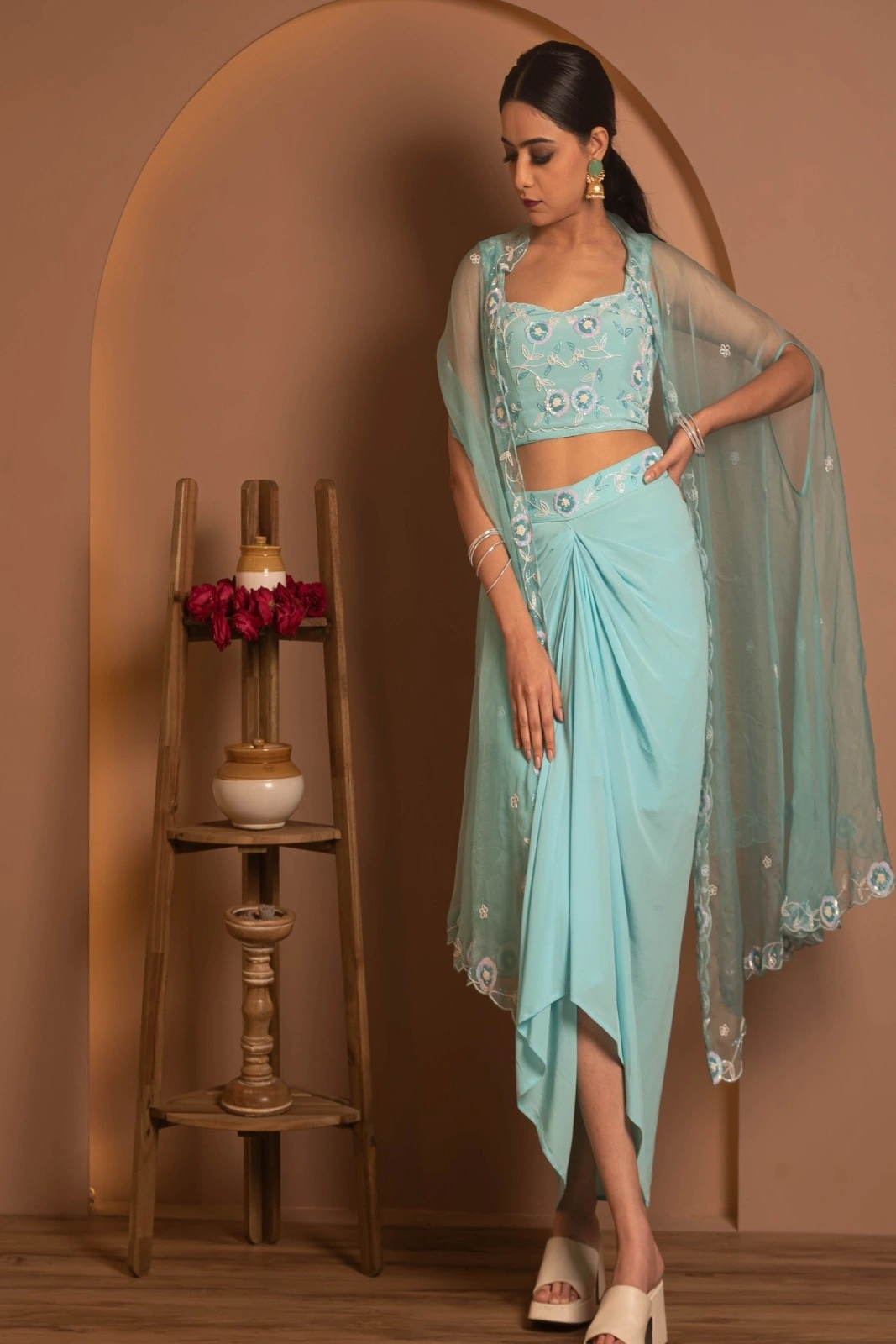 Aqua Bloom Draped Set with Embroidered Cape
