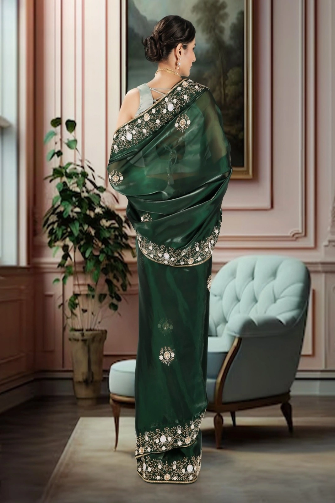 Bottle Green Pure Hand-Embroidered Shimmer Organza Saree