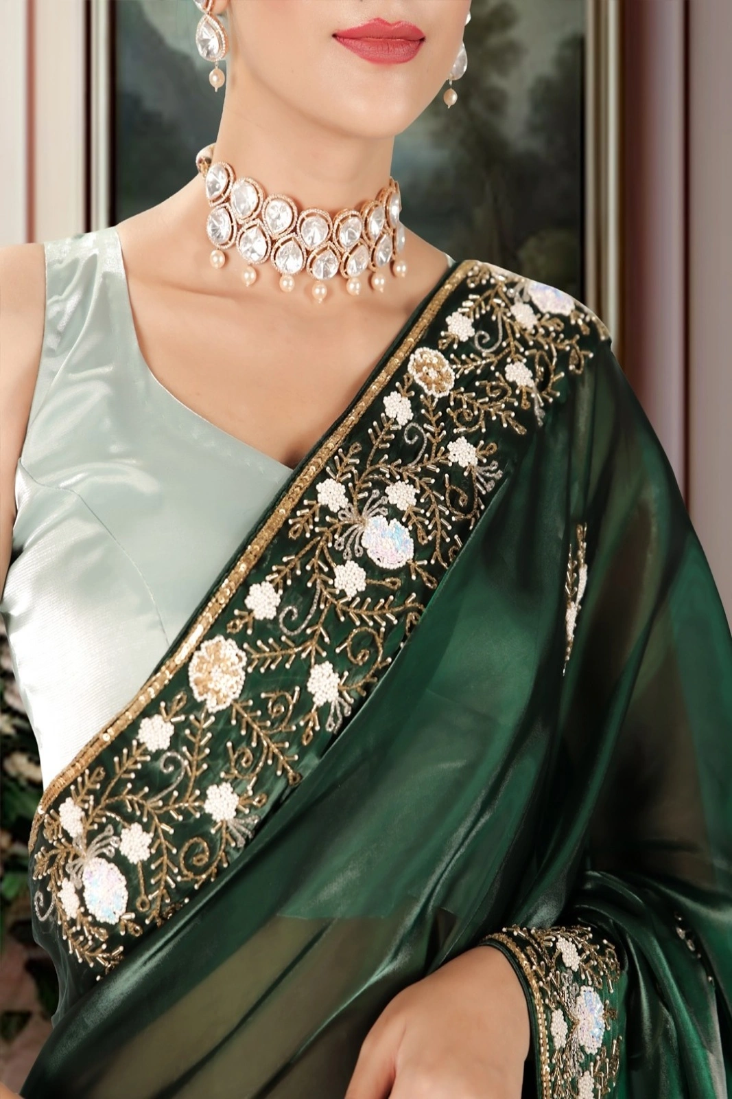 Bottle Green Pure Hand-Embroidered Shimmer Organza Saree hover