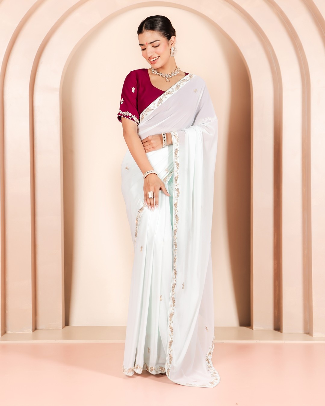 Pastel Blue Georgette Saree with Pure Hand Embroidery