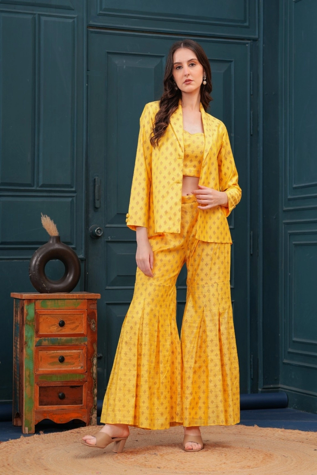 Butter Yellow Banarasi Blazer Set